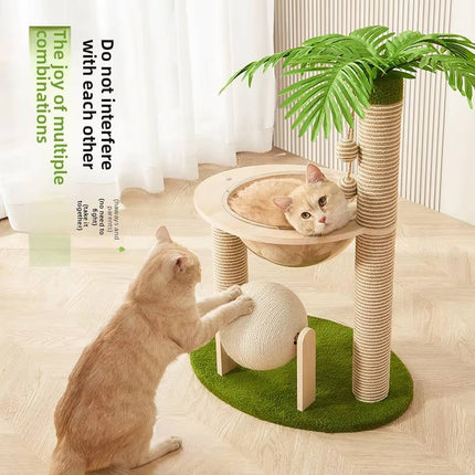 Coconut Palm Tree Cat Tree with Capsule Bed, Scratching Posts & Ball