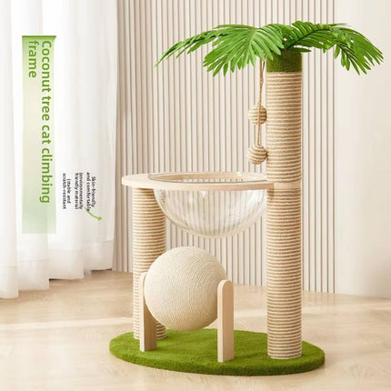 Coconut Palm Tree Cat Tree with Capsule Bed, Scratching Posts & Ball