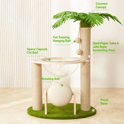 Coconut Palm Tree Cat Tree with Capsule Bed, Scratching Posts & Ball