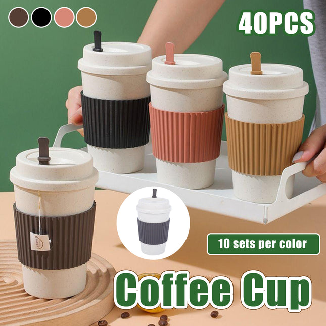 Reusable Coffee Cups 40 Pack Wheat Straw Silicone Sleeve Lid and Stirrer Set