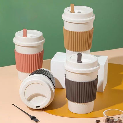 Reusable Coffee Cups 40 Pack Wheat Straw Silicone Sleeve Lid and Stirrer Set