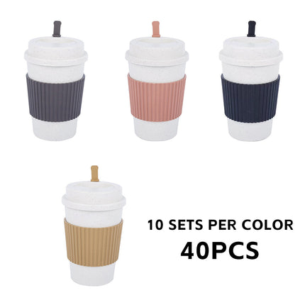 Reusable Coffee Cups 40 Pack Wheat Straw Silicone Sleeve Lid and Stirrer Set