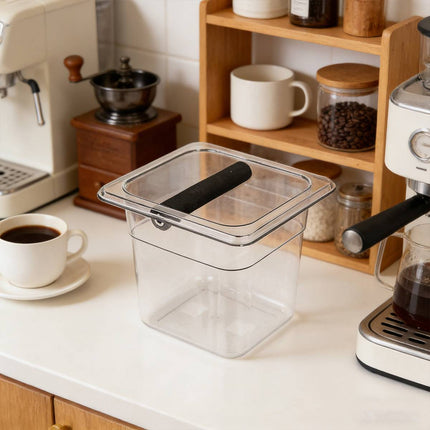 Clear Acrylic Coffee Knock Box Espresso Grounds Bin Container with Rubber Bar