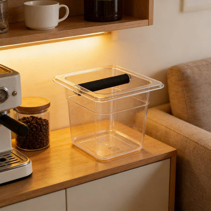 Clear Acrylic Coffee Knock Box Espresso Grounds Bin Container with Rubber Bar