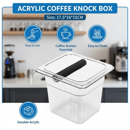 Clear Acrylic Coffee Knock Box Espresso Grounds Bin Container with Rubber Bar
