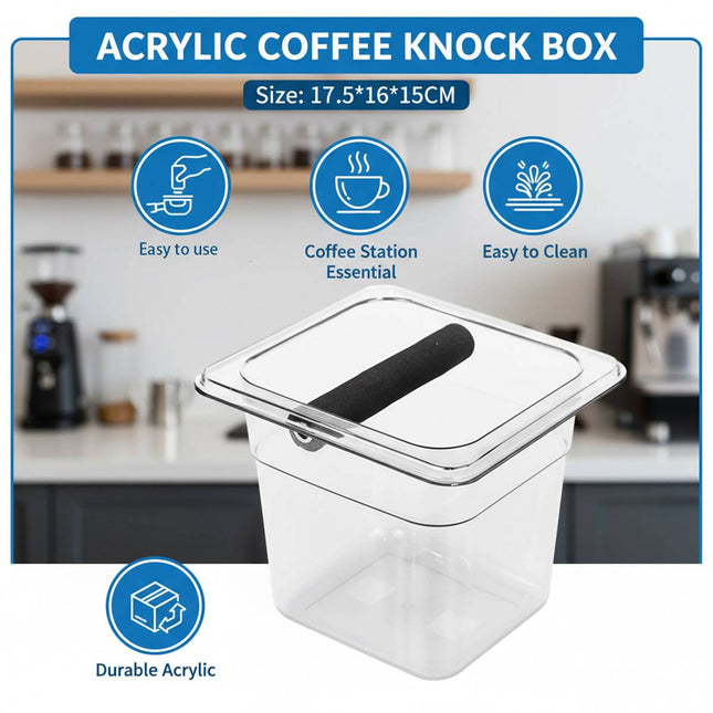 Clear Acrylic Coffee Knock Box Espresso Grounds Bin Container with Rubber Bar