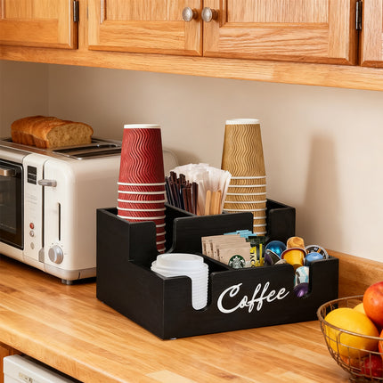 Wooden Desktop Coffee Storage Box MultiCompartment for Coffee Pods Sugar Creamer