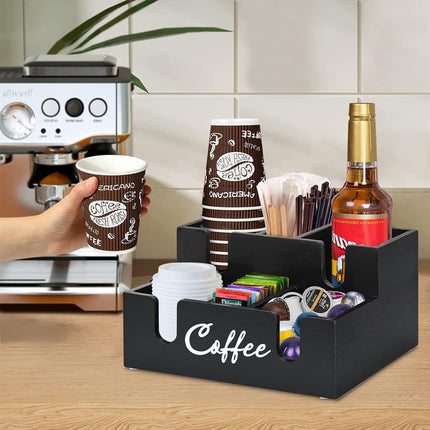 Wooden Desktop Coffee Storage Box MultiCompartment for Coffee Pods Sugar Creamer