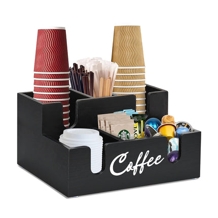 Wooden Desktop Coffee Storage Box MultiCompartment for Coffee Pods Sugar Creamer