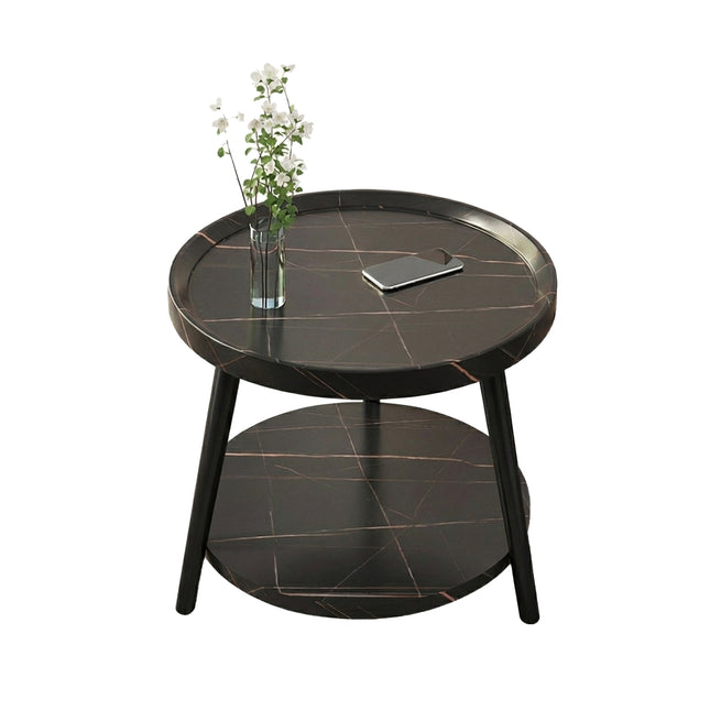 Round 2 Tier Side Table Black Marble Look MDF Top with Carbon Steel Legs 50cm