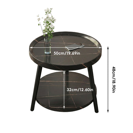 Round 2 Tier Side Table Black Marble Look MDF Top with Carbon Steel Legs 50cm