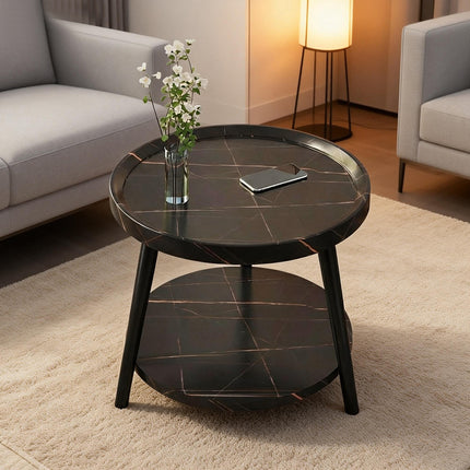 Round 2 Tier Side Table Black Marble Look MDF Top with Carbon Steel Legs 50cm