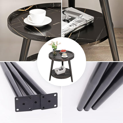 Round 2 Tier Side Table Black Marble Look MDF Top with Carbon Steel Legs 50cm
