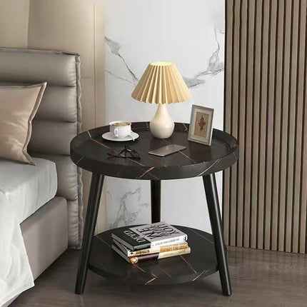 Round 2 Tier Side Table Black Marble Look MDF Top with Carbon Steel Legs 50cm