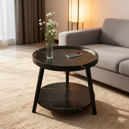 Round 2 Tier Side Table Black Marble Look MDF Top with Carbon Steel Legs 50cm