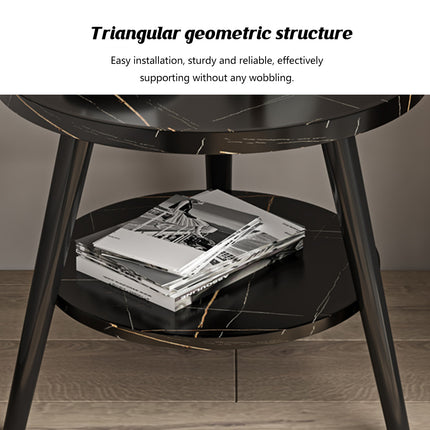 Round 2 Tier Side Table Black Marble Look MDF Top with Carbon Steel Legs 50cm