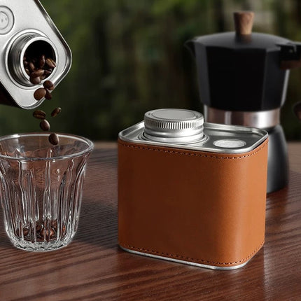 Airtight Coffee Canister Storage Jar Pour Valve Leather 9.6 x 7 x 9.3cm