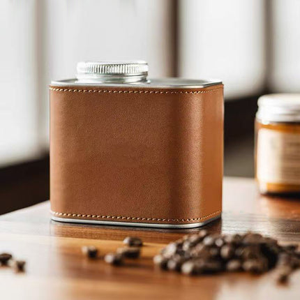 Airtight Coffee Canister Storage Jar Pour Valve Leather 9.6 x 7 x 9.3cm