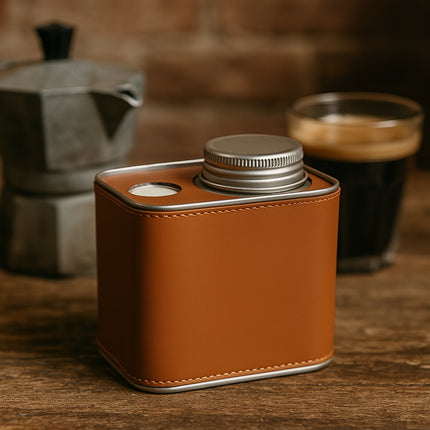 Airtight Coffee Canister Storage Jar Pour Valve Leather 9.6 x 7 x 9.3cm