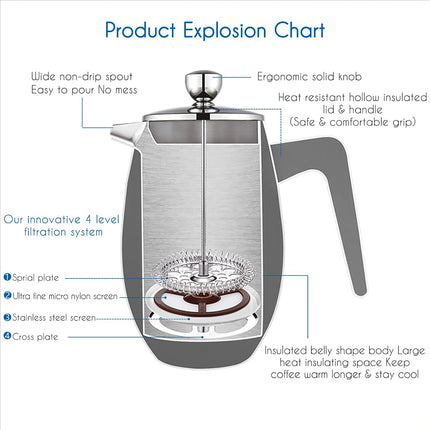 304 Stainless Steel Layer Coffee Pot Press U-Shaped Spout Home Tea Coffee Maker