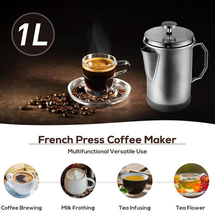1L Stainless Steel French Press Coffee Maker - Portable Camping Plunger Pot