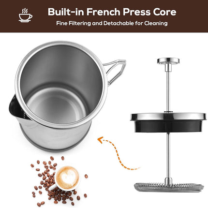 1L Stainless Steel French Press Coffee Maker - Portable Camping Plunger Pot