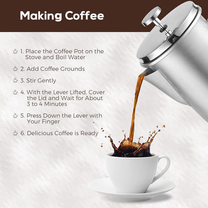 1L Stainless Steel French Press Coffee Maker - Portable Camping Plunger Pot