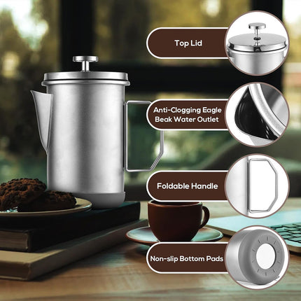 1L Stainless Steel French Press Coffee Maker - Portable Camping Plunger Pot