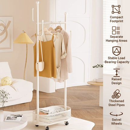 Portable Floor Standing Coat Rack with Wheels for Bedroom Clothes Storage Use