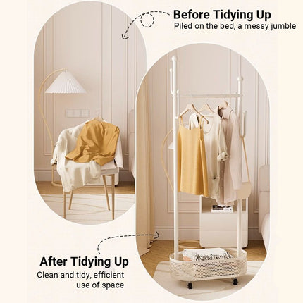 Portable Floor Standing Coat Rack with Wheels for Bedroom Clothes Storage Use
