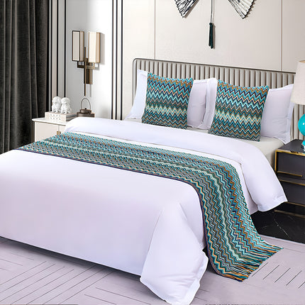 Peacock Blue Houndstooth Bed Runner Decorative Throw for Hotel or Home Bedding