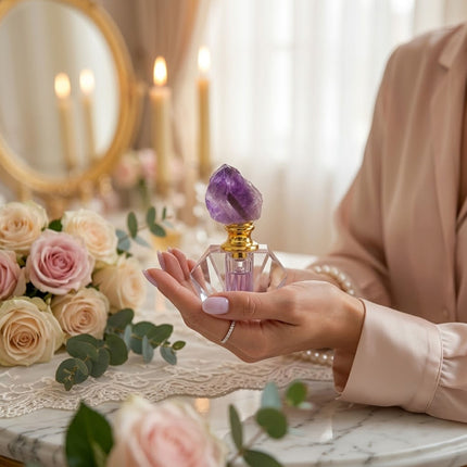 Natural Amethyst Crystal Cap Glass Perfume Bottle Empty Refillable Oil Vial