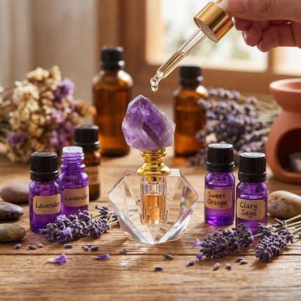 Natural Amethyst Crystal Cap Glass Perfume Bottle Empty Refillable Oil Vial