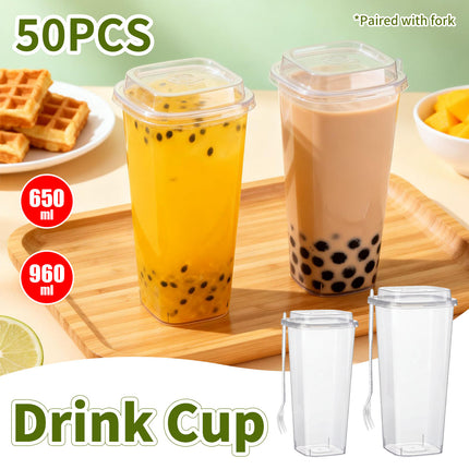 50PCS Fruit Tea Cup With Lid And Fork Large Capacity 650/960ml Drink Takeaway