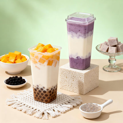 50PCS Fruit Tea Cup With Lid And Fork Large Capacity 650/960ml Drink Takeaway