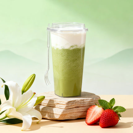 50PCS Fruit Tea Cup With Lid And Fork Large Capacity 650/960ml Drink Takeaway