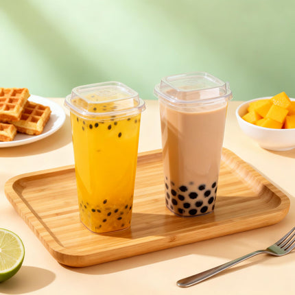 50PCS Fruit Tea Cup With Lid And Fork Large Capacity 650/960ml Drink Takeaway