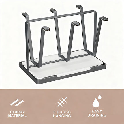 6 Hook Stainless Steel Cup Rack with Drip Tray for Mugs and Glasses