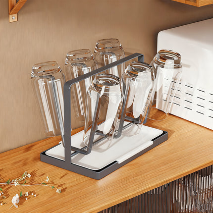 6 Hook Stainless Steel Cup Rack with Drip Tray for Mugs and Glasses