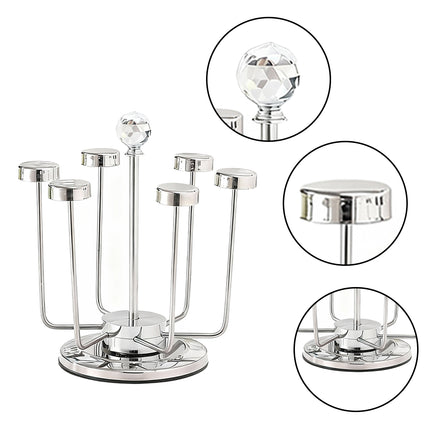 Stainless Steel Rotating Cup Holder 6 Cups 360 Crystal Top Kitchen Stand