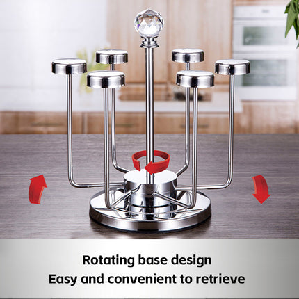 Stainless Steel Rotating Cup Holder 6 Cups 360 Crystal Top Kitchen Stand
