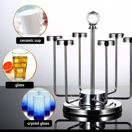 Stainless Steel Rotating Cup Holder 6 Cups 360 Crystal Top Kitchen Stand