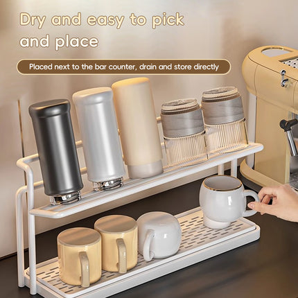 2 Tier Cup Drying Rack Kitchen Countertop Mug Glass Holder with Drip Tray