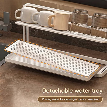 2 Tier Cup Drying Rack Kitchen Countertop Mug Glass Holder with Drip Tray