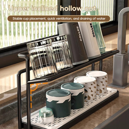 2 Tier Cup Drying Rack Kitchen Countertop Mug Glass Holder with Drip Tray