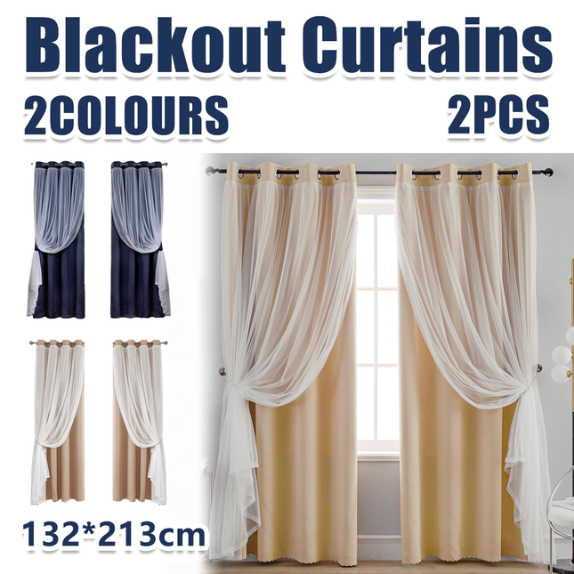 2PCS Double Layer Blackout Curtains With Lace For Bedroom Living Room Window