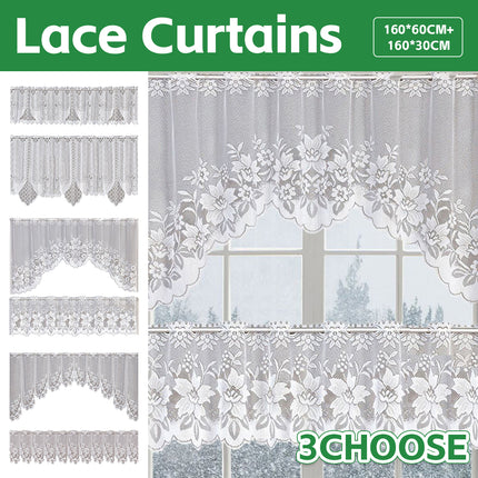 White Lace Window Curtains Short Tier Panel for Kitchen Bathroom Decor Use