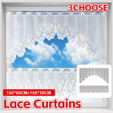 White Lace Window Curtains Short Tier Panel for Kitchen Bathroom Decor Use