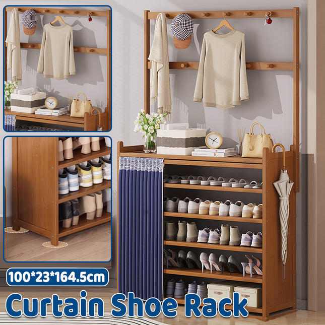 Multifunctional Bamboo Shoe Rack with Curtain for Entryway Shoes Hats Clothes