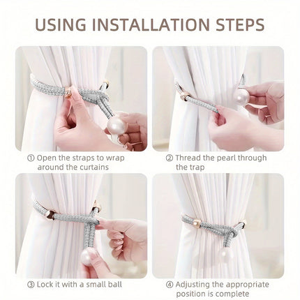 Curtain Tiebacks Pearl Strap Set 3 Pairs Decorative Buckle Holder Rings Hooks